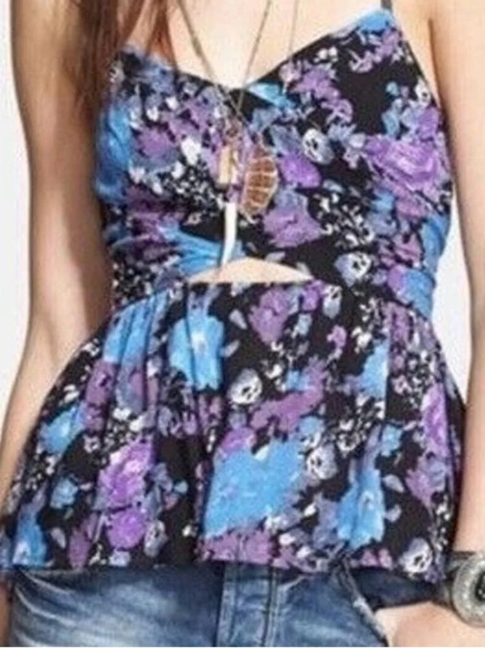 Vintage FREE PEOPLE Floral Midnight  Peplum Cut-Out Crisscross Back Tank Size L